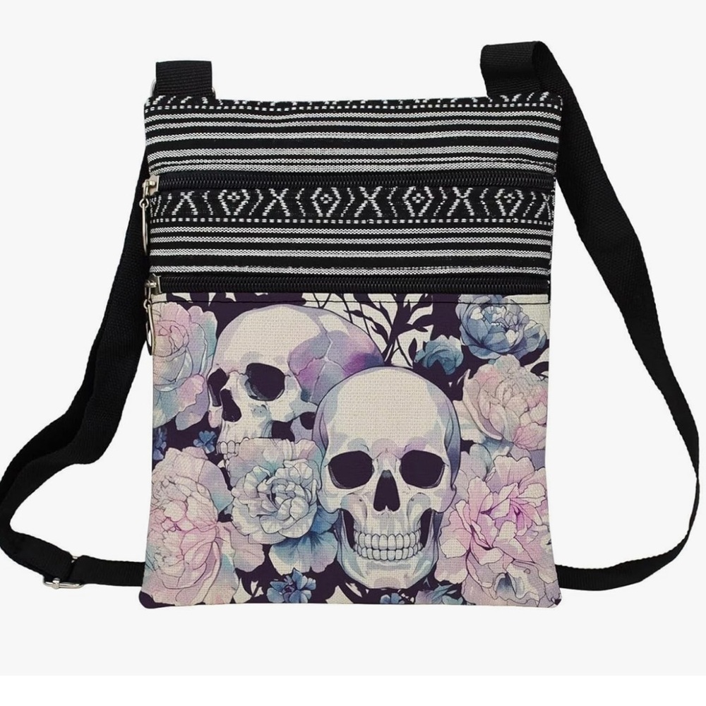 Skull Messenger Bag Ethnic Pattern Printed Adjustable Strap Crossbody